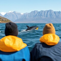 Fototapeta premium Two people observing a whale swimming in a clear blue sea against a backdrop of mountains, evoking a sense of adventure, nature, and wildlife conservation.