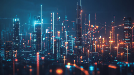 Smart digital Innovation city with connection network reciprocity over the cityscape. of future smart wireless city and social media networking systems that connects business people with in city