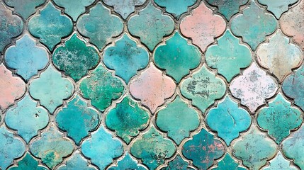 Close-Up Photo: Exquisitely Textured Teal and Rose Moroccan Tiles. AI Generated