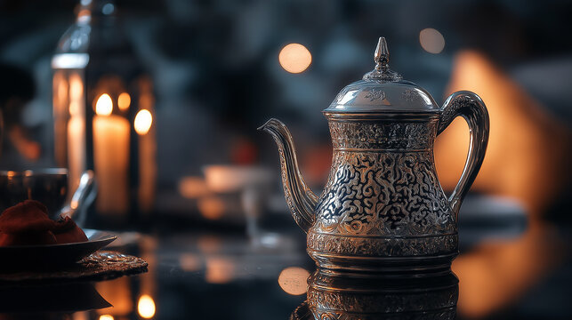 Ornate Arabic coffee maker with a reflective silver surface, Ramadan decorations blurred in the background, moody tones