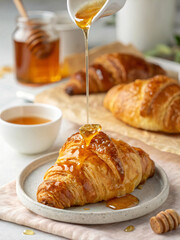 Delicious croissant drizzled with honey, served with tea and cozy ambiance