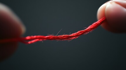 Close-up of a red thread being torn apart.