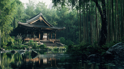 Fototapeta premium Traditional Japanese temple: wooden architecture, curved roofs, tranquil gardens, bamboo forest. Serene, spiritual.