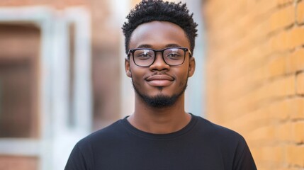 Fototapeta premium Confident young man smiling while standing against an urban brick wall, exuding positivity and approachability with modern eyeglasses and casual attire.