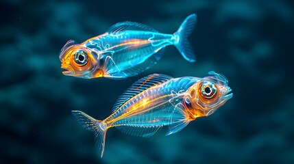 Naklejka premium Colorful Bioluminescent Fish Swimming in Deep Ocean Environment