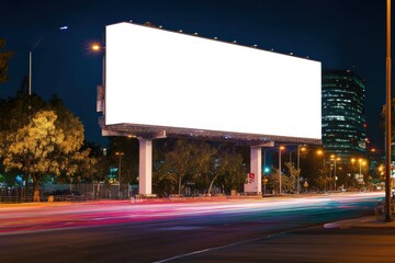 Blank Billboard at Night: A massive billboard stands tall in the heart of a bustling city, its blank canvas illuminated by streetlights and the vibrant streaks of car headlights.