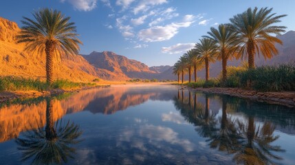 Obraz premium Serene landscape with palm trees reflecting in calm water, surrounded by mountains.