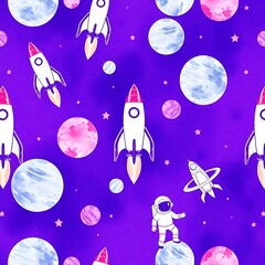 Naklejka premium Cosmic Rockets and Astronauts: A vibrant, purple space-themed seamless pattern featuring rockets, planets, stars, and an astronaut. Perfect for kids' apparel, fabric, and space-themed designs. 