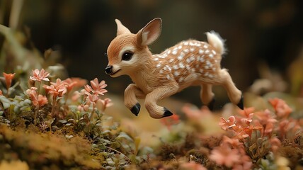 Obraz premium A fawn playfully leaps through colorful flowers.