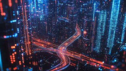 Fototapeta premium Smart digital Innovation city with connection network reciprocity over the cityscape. of future smart wireless city and social media networking systems that connects business people with in city