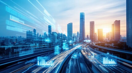 Obraz premium Urban Cityscape at Sunset with Digital Overlay Representing Data and Connectivity in a Modern Metropolis, Symbolizing Technology and Innovation in Urban Development