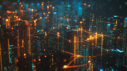 Obraz premium Smart digital Innovation city with connection network reciprocity over the cityscape. of future smart wireless city and social media networking systems that connects business people with in city