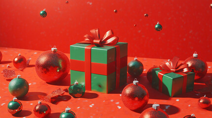 A Christmas gift box scene featuring beautifully wrapped red and green presents adorned with elegant ribbons. The gifts are surrounded by sparkling Christmas ornaments