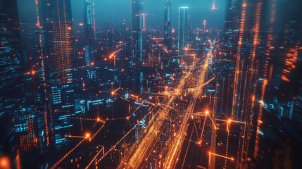 Obraz premium Smart digital Innovation city with connection network reciprocity over the cityscape. of future smart wireless city and social media networking systems that connects business people with in city