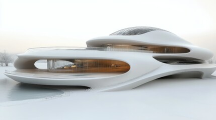 Futuristic white house on snowy landscape.
