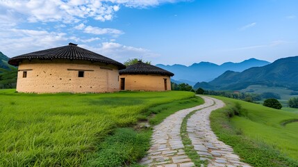 Fototapeta premium Scenic View of Traditional Earthen Houses Against Mountain Backdrop