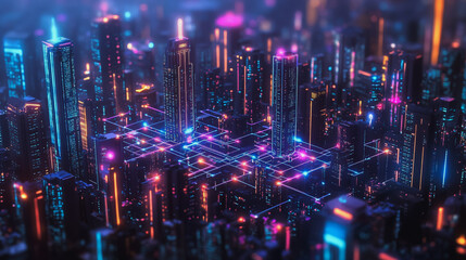 Fototapeta premium Smart digital Innovation city with connection network reciprocity over the cityscape. of future smart wireless city and social media networking systems that connects business people with in city