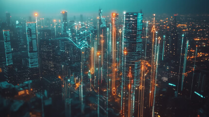 Fototapeta premium Smart digital Innovation city with connection network reciprocity over the cityscape. of future smart wireless city and social media networking systems that connects business people with in city