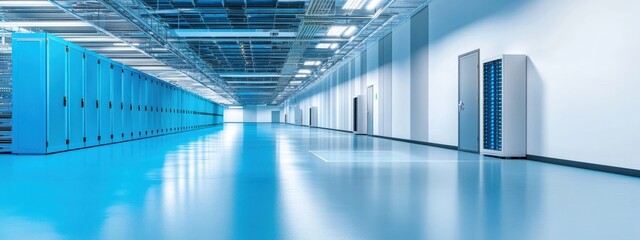 Fototapeta premium Spacious and Modern Data Center Interior with Blue Floors, High-Tech Racks, and Perfectly Organized Environment for Optimal Data Management and Storage Solutions