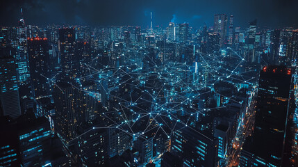 Smart digital Innovation city with connection network reciprocity over the cityscape. of future smart wireless city and social media networking systems that connects business people with in city