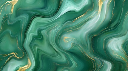 Obraz premium Stunning Emerald Green and Gold Liquid Marble Digital Painting: Abstract Swirling Texture Illustration. AI Generated