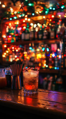 Cozy bar with Christmas-themed drinks, glowing lights adding a festive touch-1