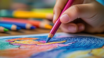 Naklejka premium Close-up of a child's hand coloring a picture with colored pencils.