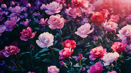Beautiful Valentine's Day Background with Multicolored Flowers. Floral Wallpaper with Pink and Lilac Roses.