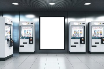 Blank Billboard in Modern Subway Station with Vending Machines 