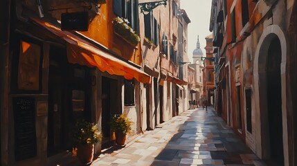 Fototapeta premium Sun-Drenched Photo: Narrow Cobblestone Street in a Vibrant European City. AI Generated