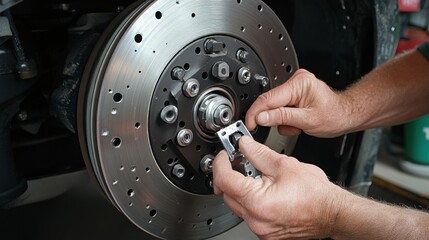 Mechanic Carefully Installing a Brake Caliper on a Car Disc Brake Rotor