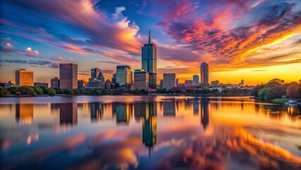 Fototapeta premium Boston Skyline Silhouette, Charles River Summer Sunset - Dramatic Cityscape