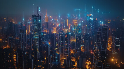 Obraz premium Smart digital Innovation city with connection network reciprocity over the cityscape. of future smart wireless city and social media networking systems that connects business people with in city