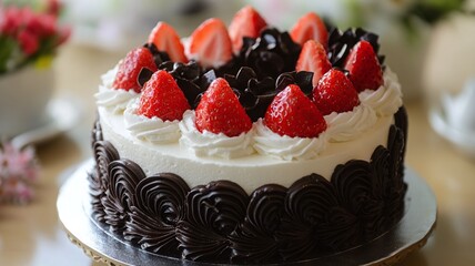 chocolate cake with strawberries as toppings
