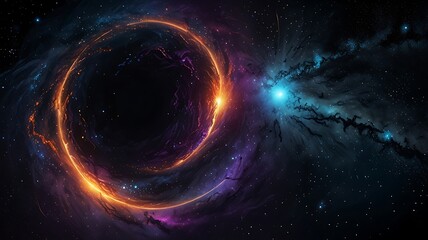 A mesmerizing view of a black hole with swirling cosmic colors of deep black, purple, and blue, featuring a glowing event horizon against a starry space backdrop.