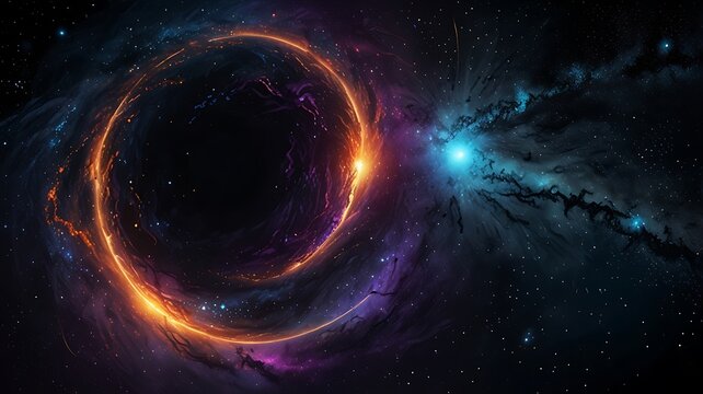 A mesmerizing view of a black hole with swirling cosmic colors of deep black, purple, and blue, featuring a glowing event horizon against a starry space backdrop.