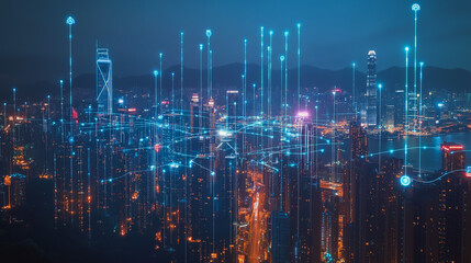 Smart digital Innovation city with connection network reciprocity over the cityscape. of future smart wireless city and social media networking systems that connects business people with in city