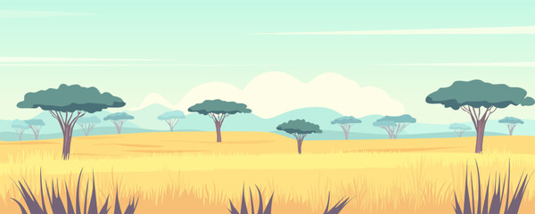 Beautiful African landscape of savannah and mountains. Amazing African wildlife dayscape with trees, fields, vegetation and mountains on a sunny day. Nature vector illustration for design. © LoveSan