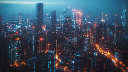 Obraz premium Smart digital Innovation city with connection network reciprocity over the cityscape. of future smart wireless city and social media networking systems that connects business people with in city
