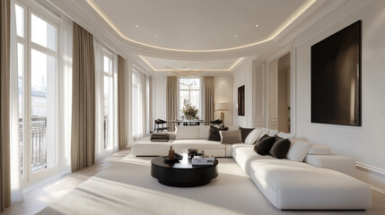 This contemporary living room features a sophisticated mocha mousse color scheme, elegant furnishings, and abundant natural light, creating a luxurious and inviting atmosphere perfect for relaxation