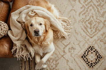 The Golden Retriever is lying on the carpet in the apartment, covered with a blanket, top view.