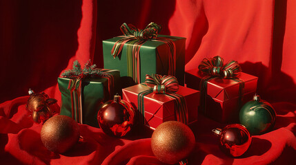A Christmas gift box scene featuring beautifully wrapped red and green presents adorned with elegant ribbons. The gifts are surrounded by sparkling Christmas ornaments