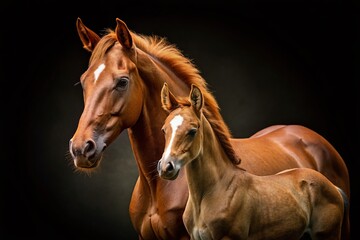 Brown Thoroughbred Filly Foal and Mare Close-up, Black Background
