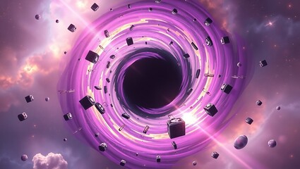 Obraz premium A dramatic scene featuring a chrono disruptor creating a vortex of shifting time fragments, with objects and light bending and fracturing in its proximity.