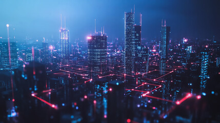 Fototapeta premium Smart digital Innovation city with connection network reciprocity over the cityscape. of future smart wireless city and social media networking systems that connects business people with in city