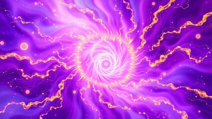 A dramatic visualization of chronal displacement with swirling temporal energy fields in vibrant hues of purple and gold, radiating from a central vortex-like structure.