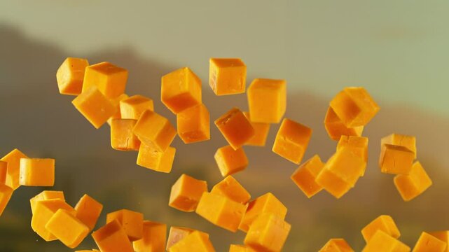 Super Slow Motion of Flying Tasty Cheeses with camera movement. Filmed on high speed cinema camera, 1000 fps.
