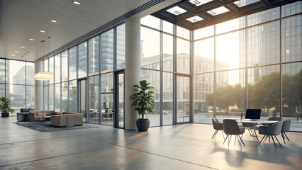 A modern office lobby with large windows showcasing a city view and sleek, contemporary furnishings