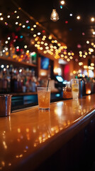 Festive bar with Christmas lights, drinks glowing on a polished counter-1