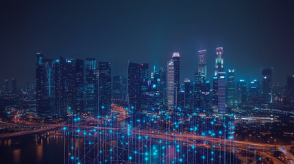 Naklejka premium Smart digital Innovation city with connection network reciprocity over the cityscape. of future smart wireless city and social media networking systems that connects business people with in city
